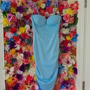 Baby blue zip back ruched corset mini dress